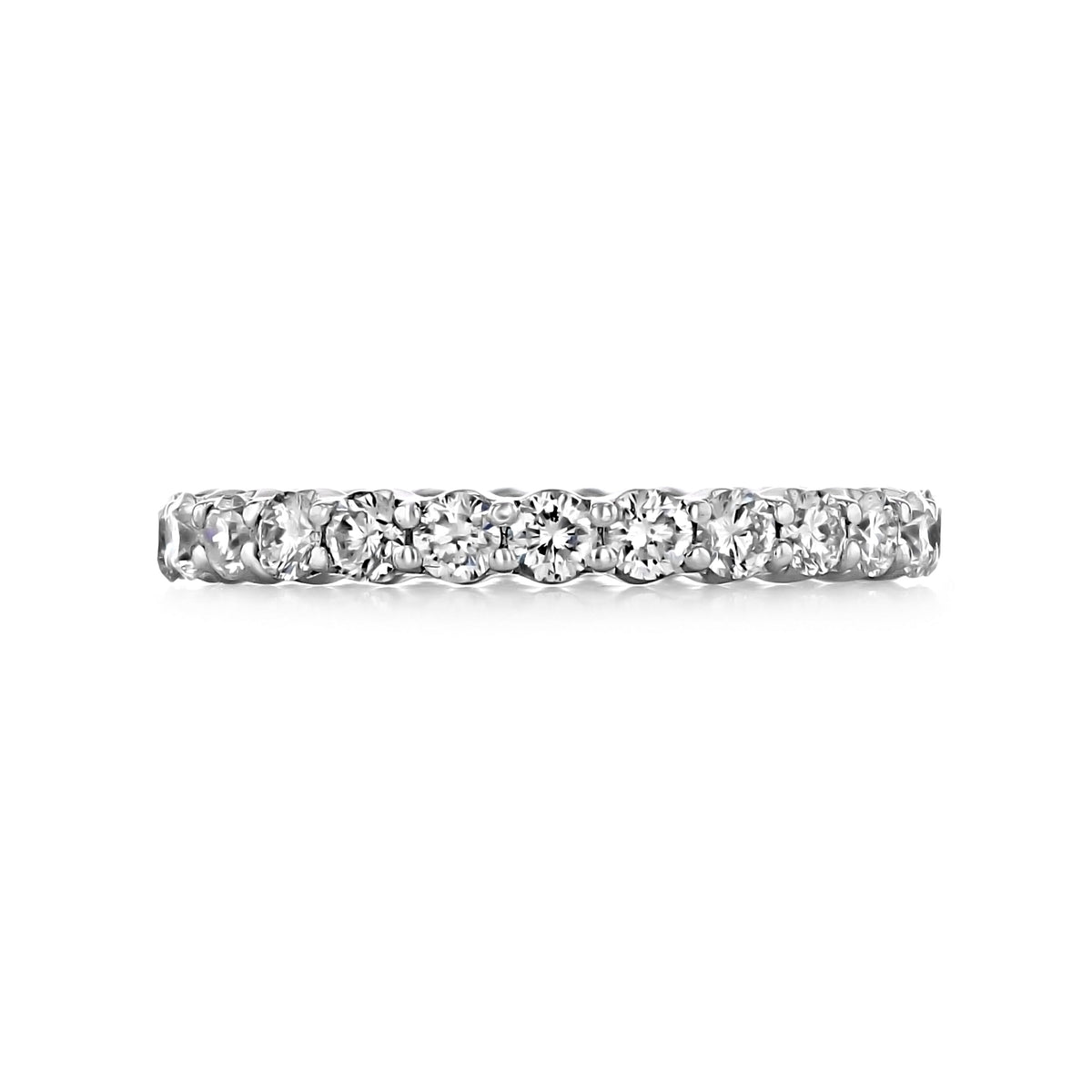 Trinity | 1.40ctw Shared Prong Round Diamond Eternity Band featuring a continuous row of round diamonds held by shared prongs, perfect for an anniversary.