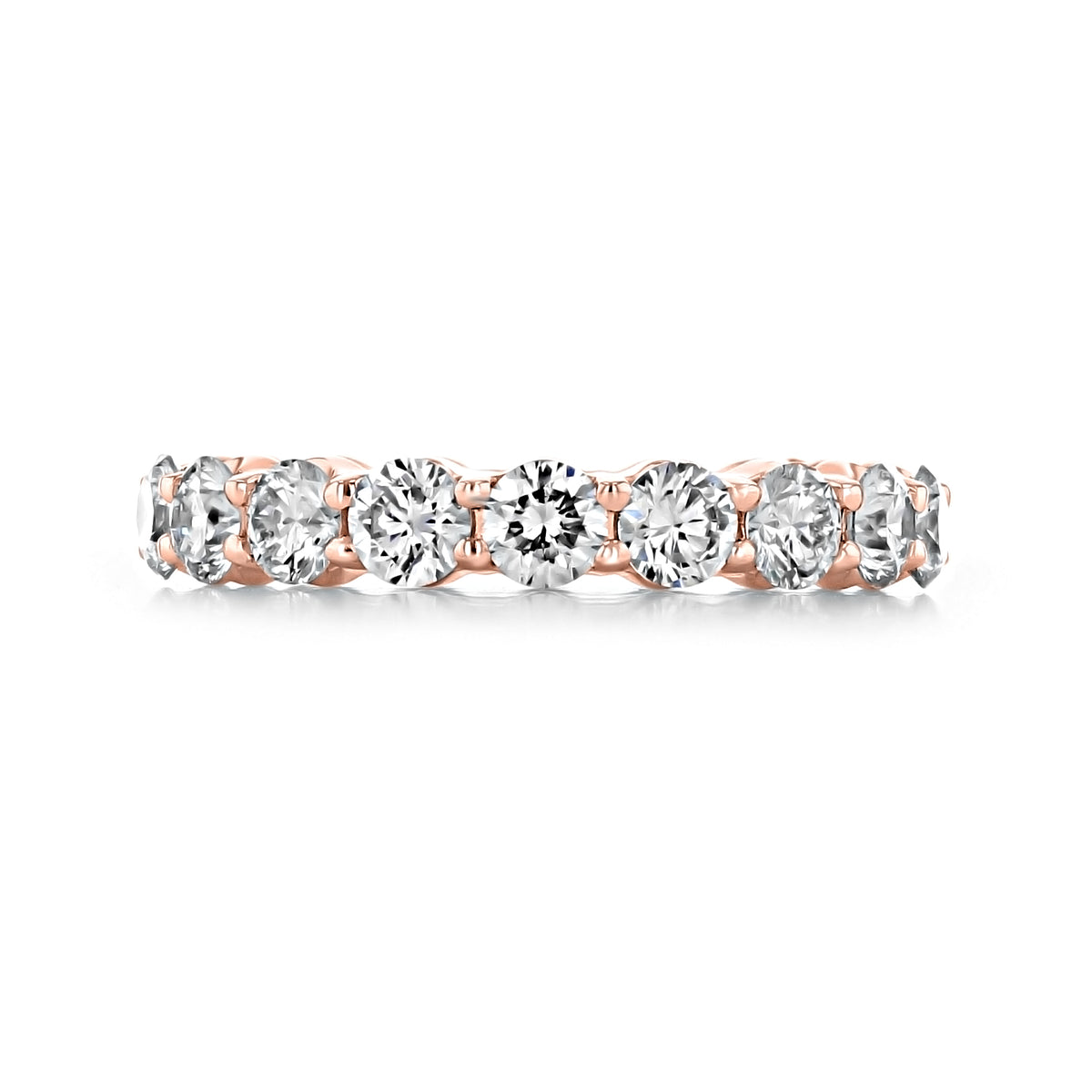 Trinity 2.80ctw Shared Prong Round Diamond Eternity Band featuring a row of round diamonds held in shared prongs.