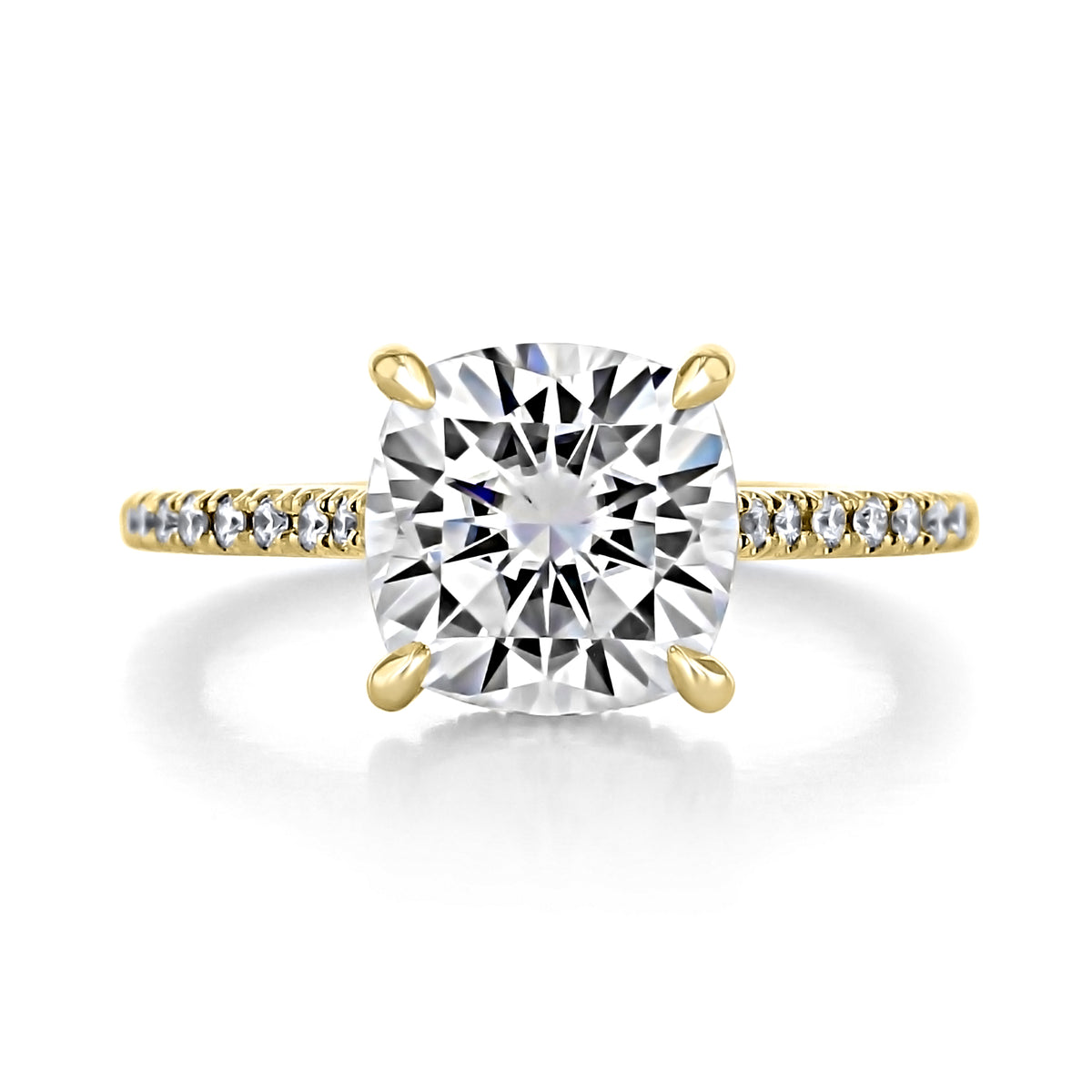 Delaney | Cushion Hidden Halo Engagement Ring in gold featuring a cushion-cut diamond center stone and a diamond-accented band with a hidden halo.
