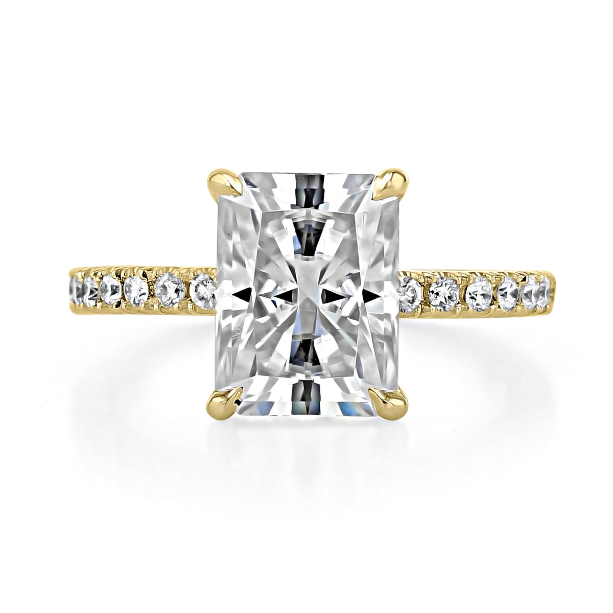Everly | Radiant Micro-Prong Engagement Ring featuring a gold band with pavé-set diamonds and a large center stone held by four prongs for a timeless look.