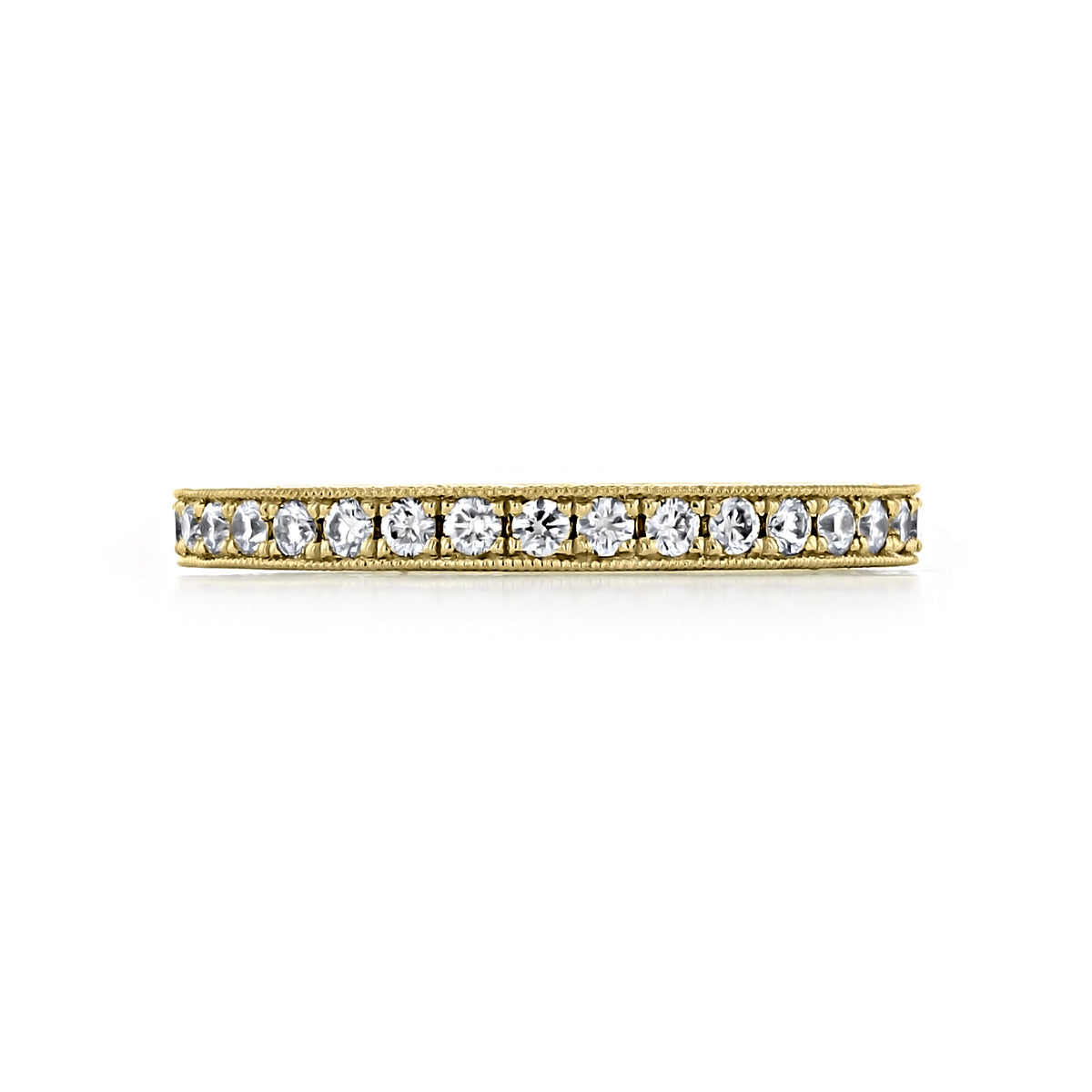 Sabina 2.25mm Engraved Pavé-Set Diamond Wedding Band in 14k yellow gold, featuring a row of pavé-set round diamonds and decorative engraving along the edges.