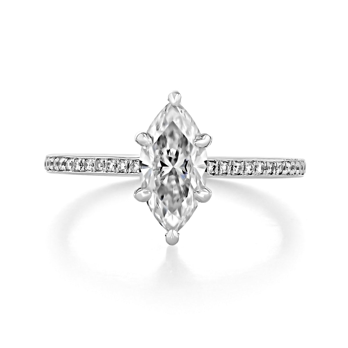 Zoe | Marquise Pavé Engagement Ring featuring a marquise-shaped moissanite stone and a pavé-set diamond band.