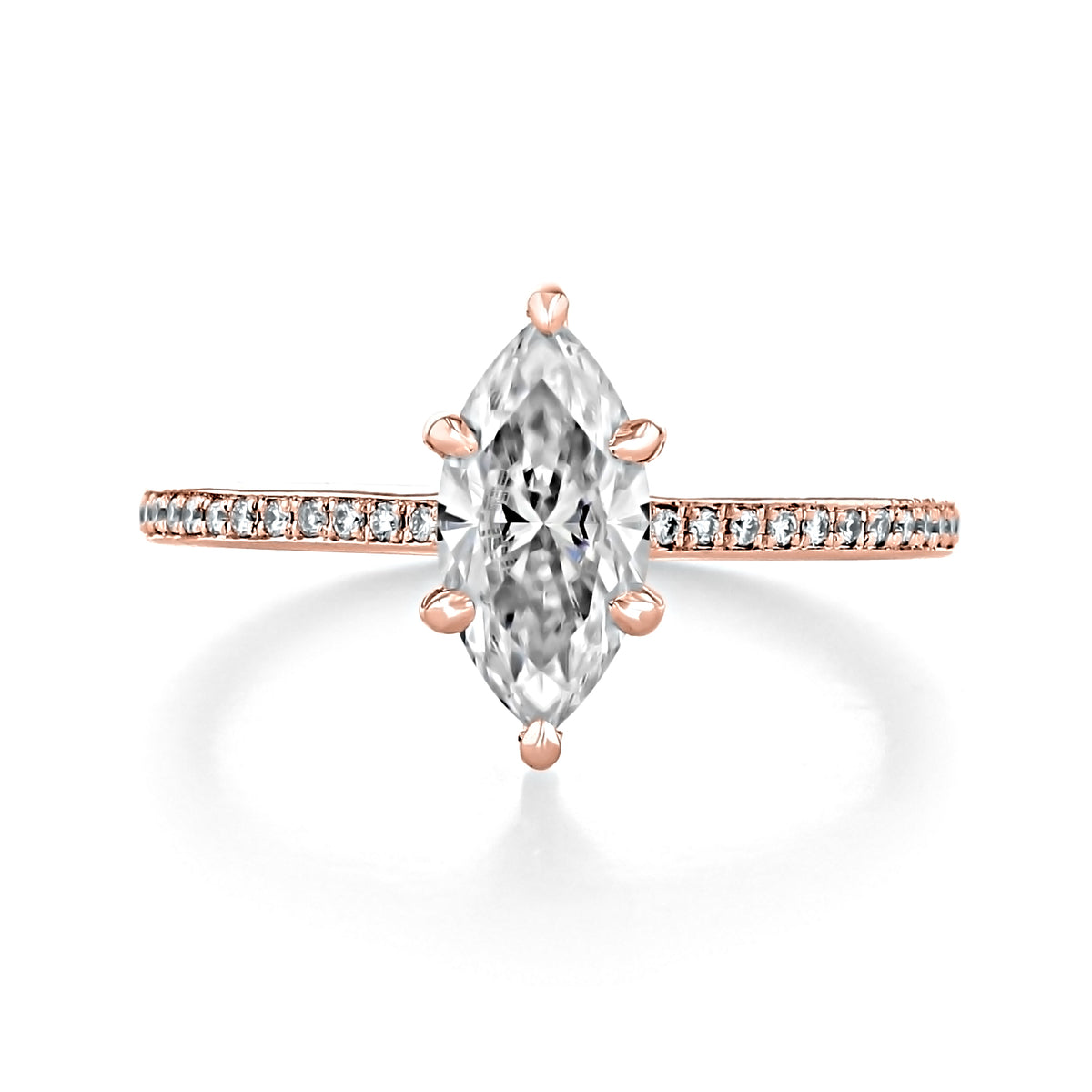 Zoe | Marquise Pavé Engagement Ring featuring a marquise-cut moissanite solitaire and a pavé-set diamond band in rose gold.