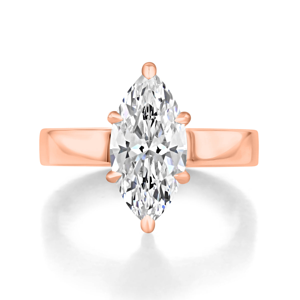 Selena | Marquise Flat-Top Solitaire Engagement Ring in 14k rose gold, top view of a marquise center diamond on a wide flat band.