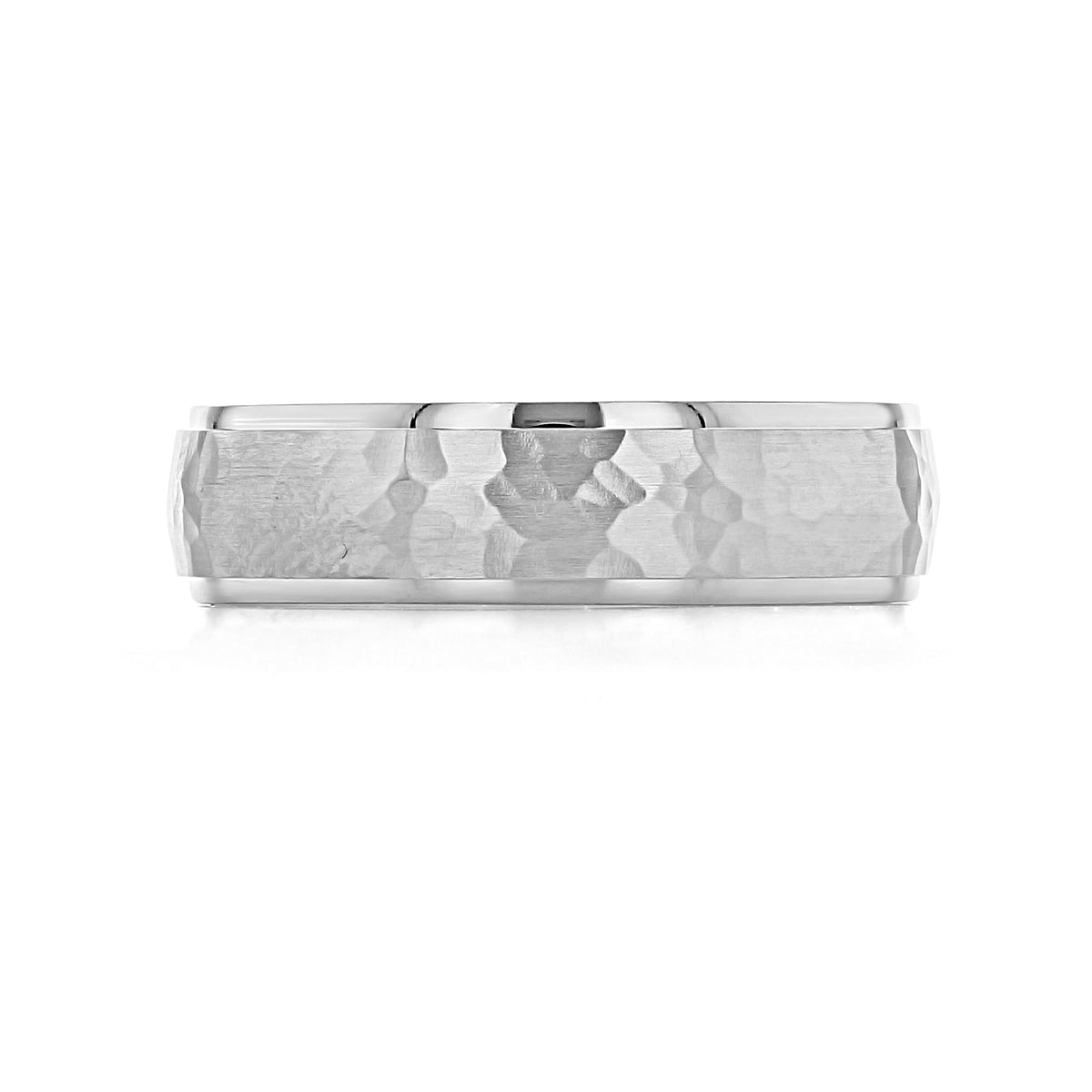 Hammered Wedding Band | FG118 platinum wedding band with a hammered texture and polished beveled edges.