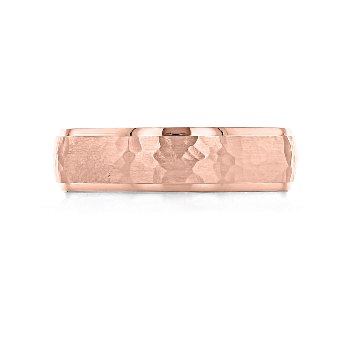 Hammered Wedding Band | FG118, a unique rose gold ring featuring a hammered finish with flat, polished edges.