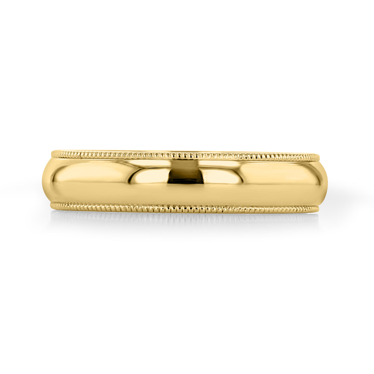 Delia 4mm Milgrain Polished Wedding Band in 14k yellow gold with milgrain detailing along the top and bottom edges.