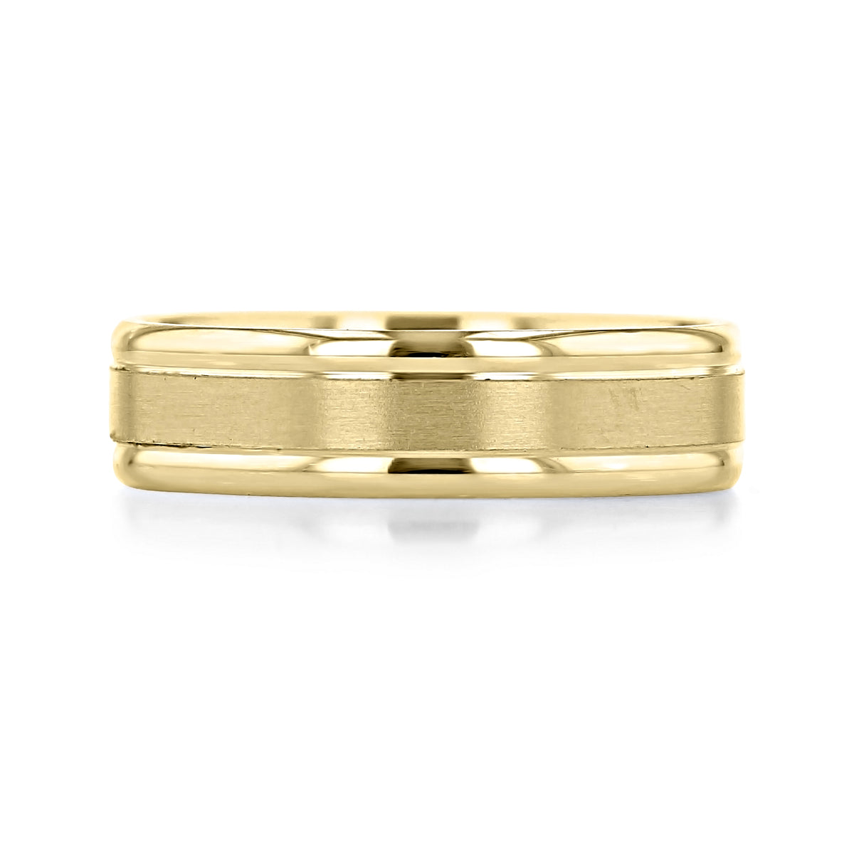 A 6mm Flat-Top Wedding Band | FG141 in yellow gold with a flat, brushed-finish center and polished, beveled edges.