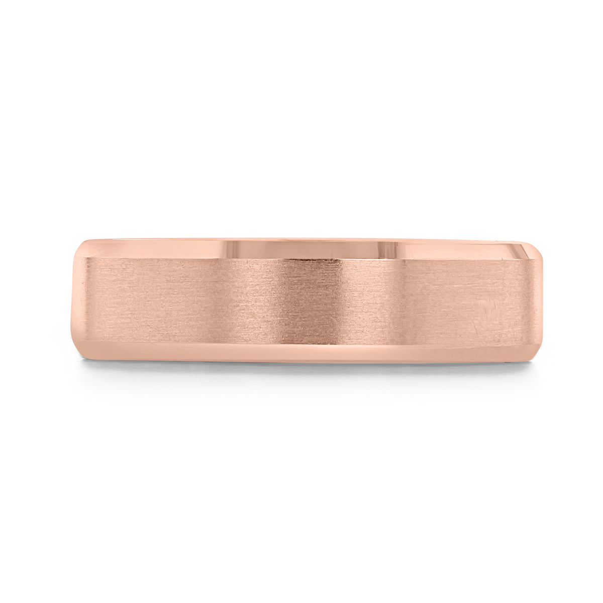Icing On The Ring Beveled Wedding Band FG145A: a 6mm men’s rose gold wedding band with a brushed center finish and beveled edges.