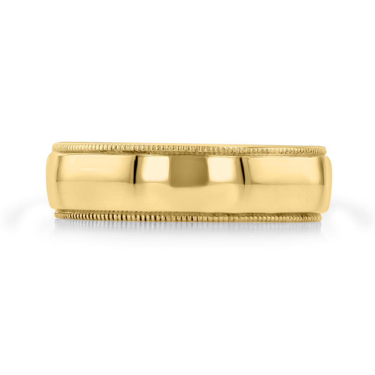 The Delia 5mm Low Dome Milgrain Polished Wedding Band in 14k yellow gold features a low dome profile and delicate milgrain detailing along the edges.
