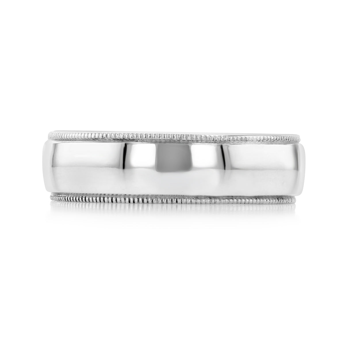 Delia 5mm Low Dome Milgrain Polished Wedding Band in platinum with a low dome profile and detailed milgrain edges.