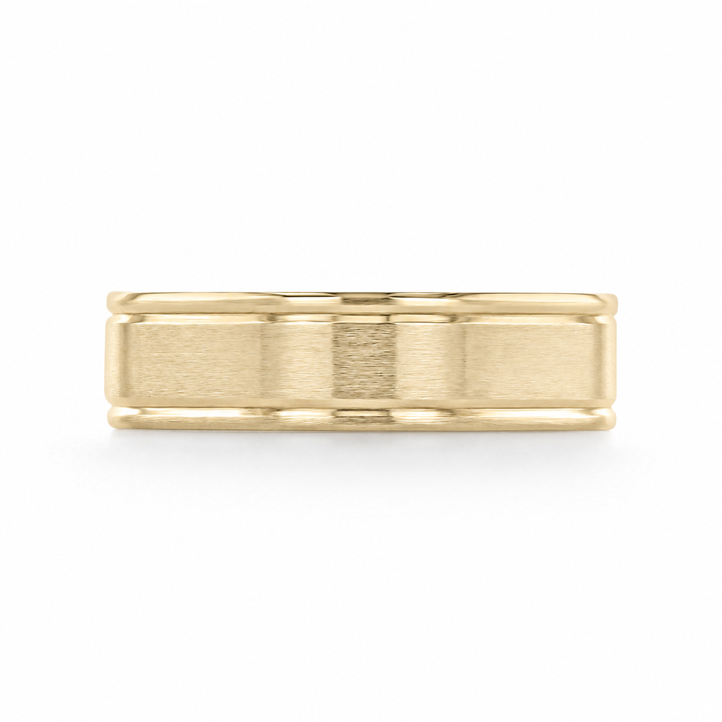 Brushed Wedding Band | FG17 yellow gold wedding band featuring a brushed center finish with polished edges.