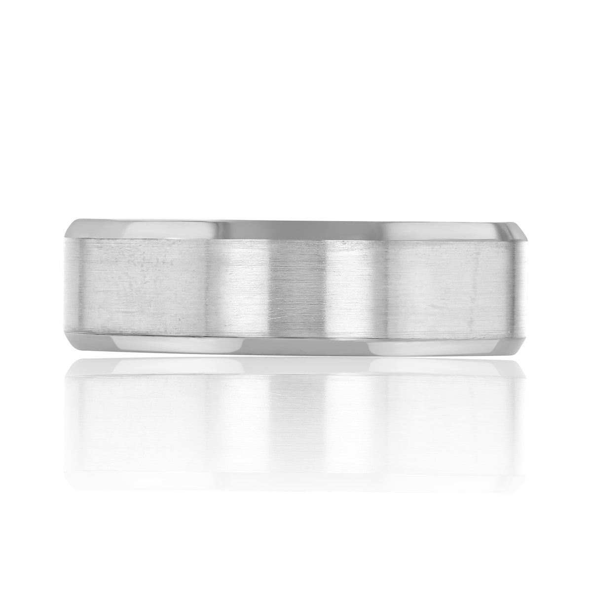 Icing On The Ring Beveled Wedding Band FG202-7, a silver-tone men’s ring with a brushed finish center and polished beveled edges.