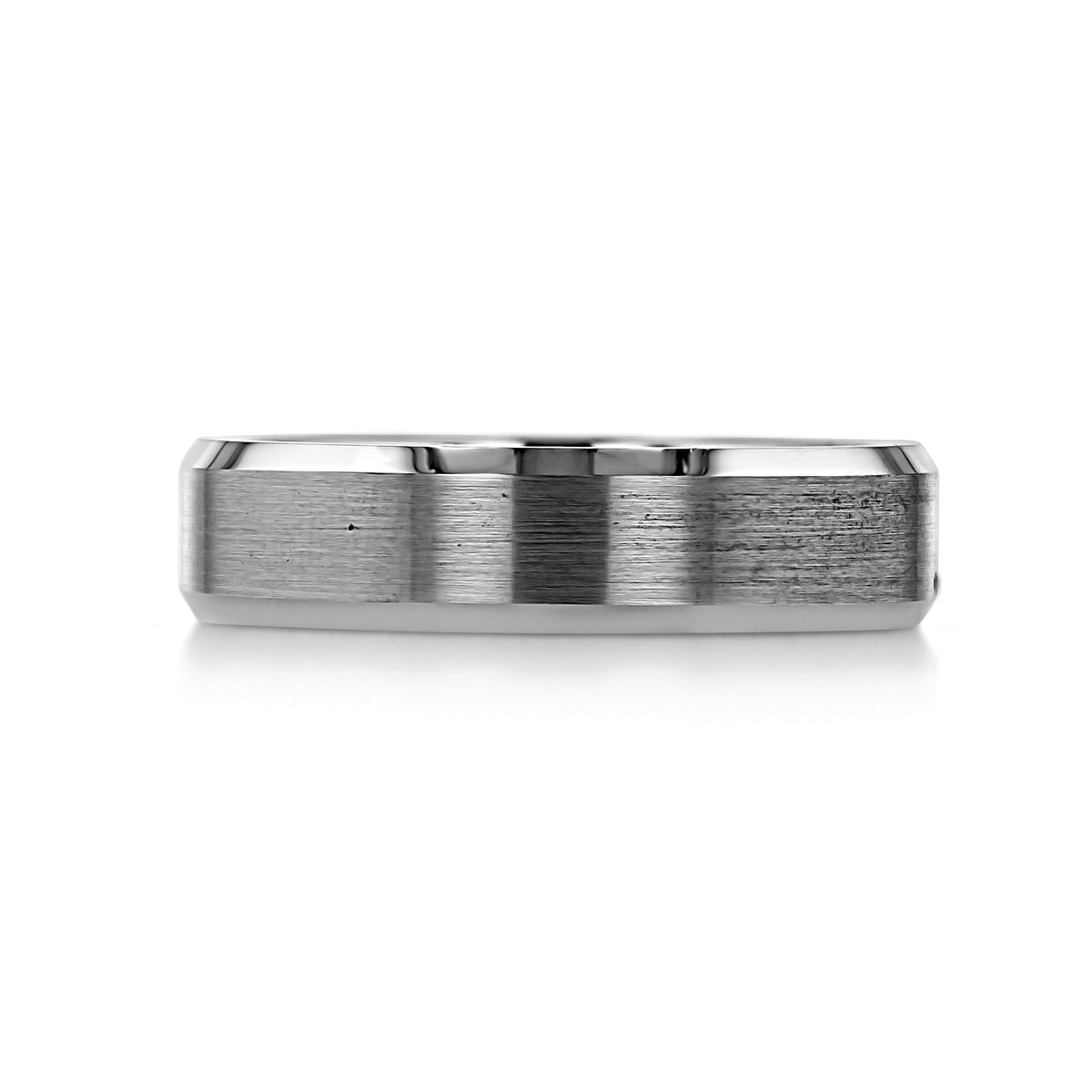 A grey Tungsten Carbide 6mm Men’s Beveled Wedding Band | FG290 with a brushed finish and comfort-fit beveled edges.