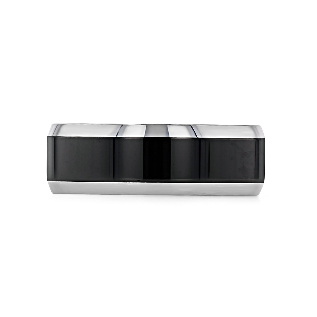 Triton Tungsten Carbide 8mm Men’s Black Ceramic Center Wedding Band | FG313 featuring a black center stripe flanked by silver-tone edges.