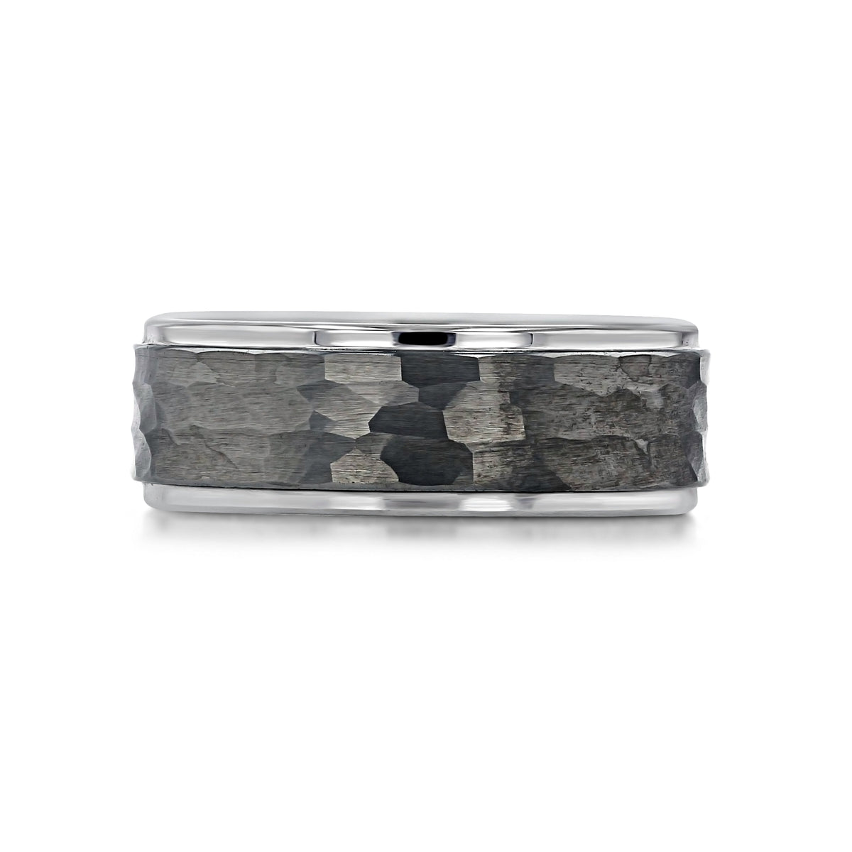 Triton Tungsten Carbide 8mm Men’s Hammered Center Wedding Band | FG330 with a textured, hammered gray center and smooth, polished edges.