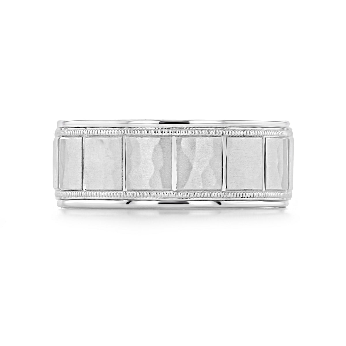 Hammered Wedding Band | FG333 silver men’s wedding band with a central hammered texture framed by beaded edges and smooth borders.