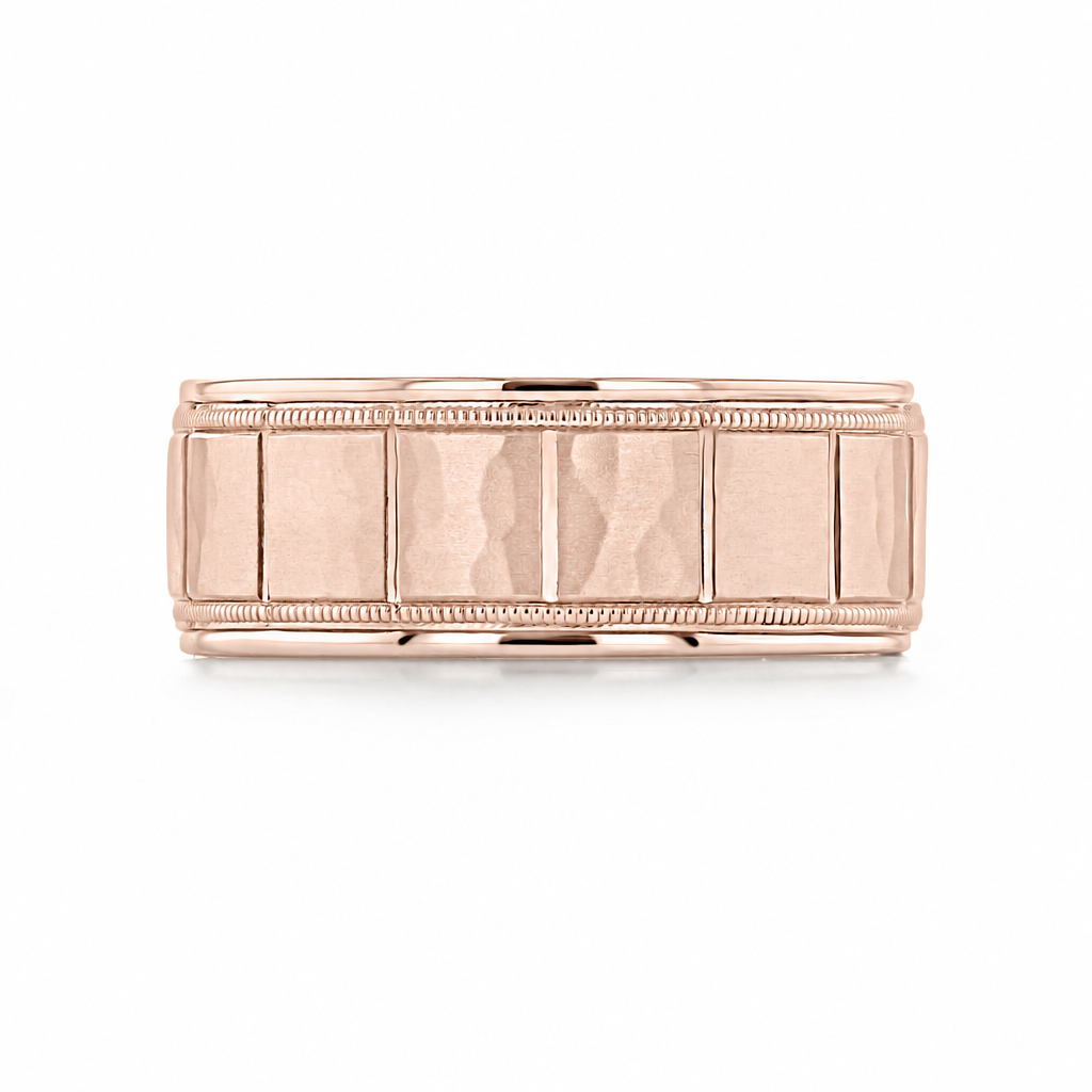Icing On The Ring Hammered Wedding Band FG333 in rose gold, featuring a central row of hammered panels framed by beaded edges.