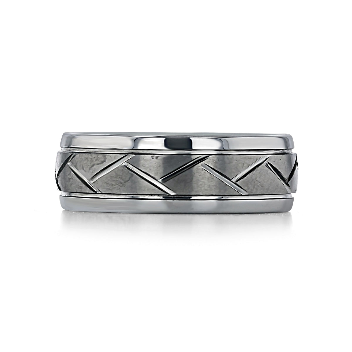 Triton Tungsten Carbide 8mm Men’s Carved Wedding Band | FG344, a silver-toned ring with a textured center featuring a repeating diagonal carved pattern between polished edges.