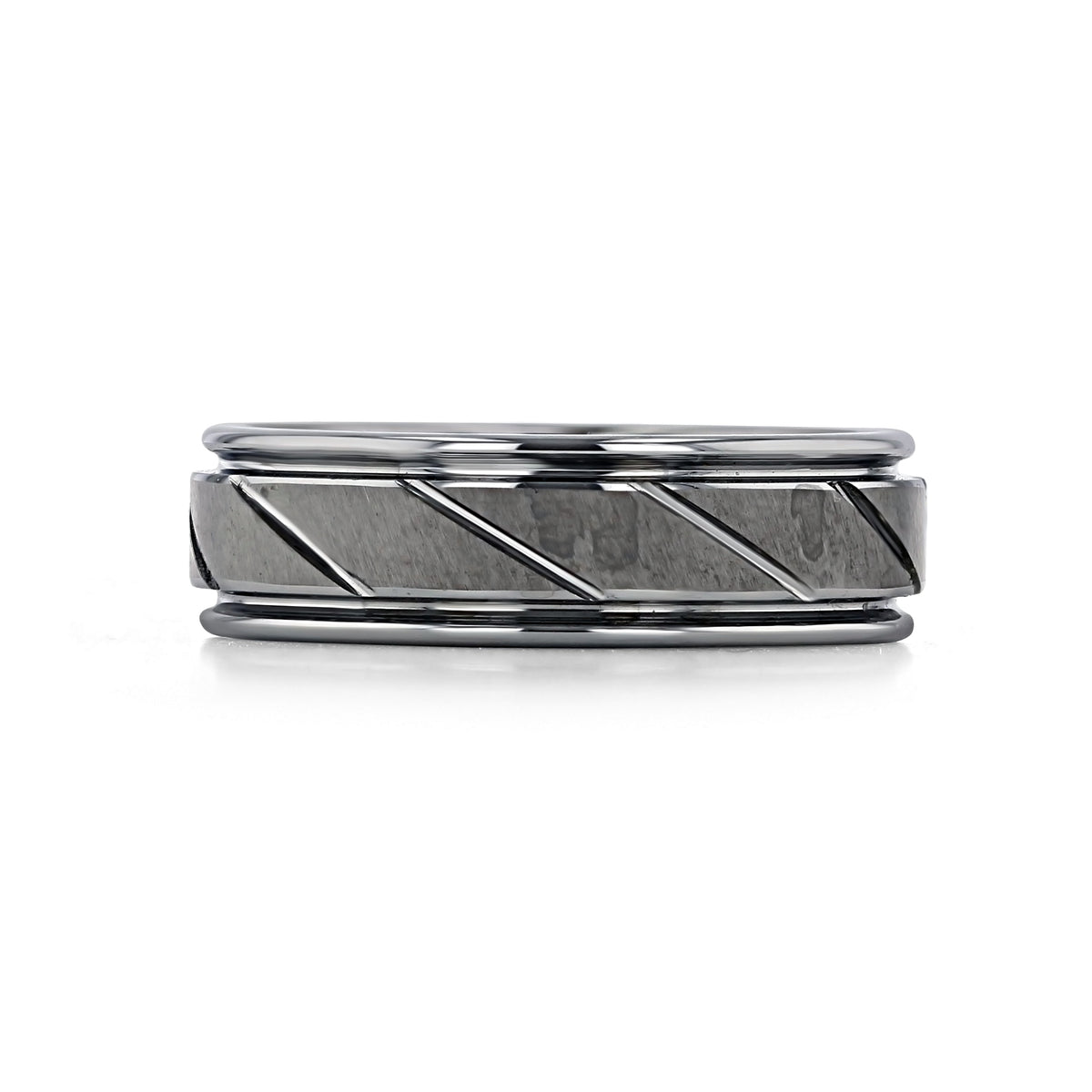 Triton Tungsten Carbide 7mm Men’s Carved Wedding Band FG355 in dark gray, featuring a textured center inlay with diagonal carved grooves and polished rounded edges.
