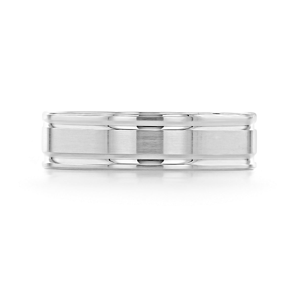The Brushed Wedding Band | FG356Y is a silver-toned white gold wedding band featuring a brushed center finish and smooth beveled edges.