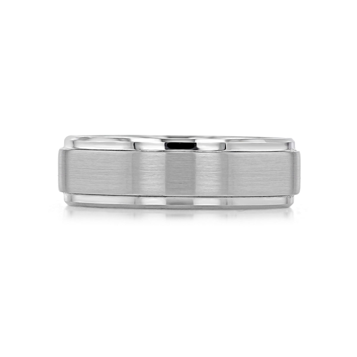 White Tungsten Carbide 7mm Men’s Brushed Wedding Band | FG382, featuring a white tungsten carbide band with a brushed center and polished edges.