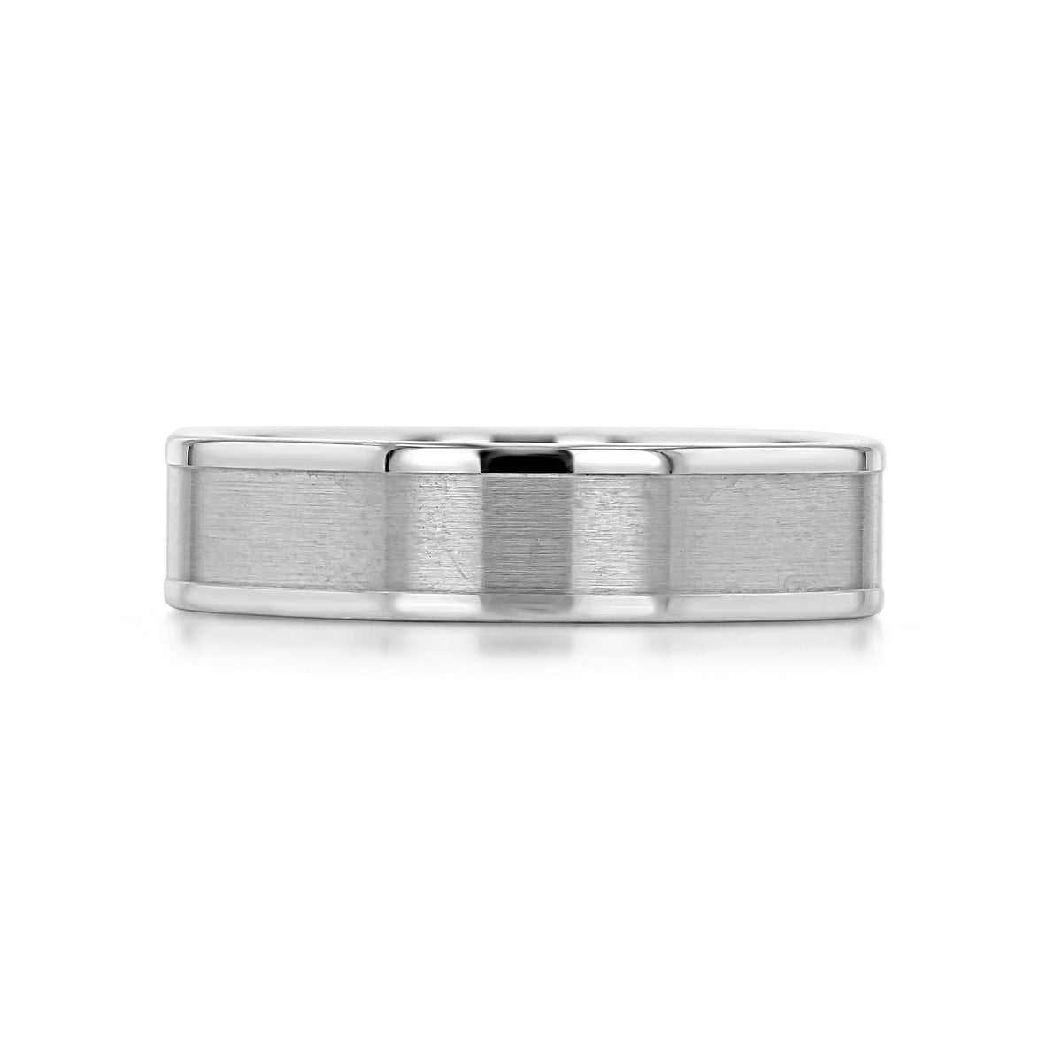 White Tungsten Carbide 6mm Men’s Flat Top Wedding Band | FG390 featuring a minimalist design with a brushed center and polished edges.