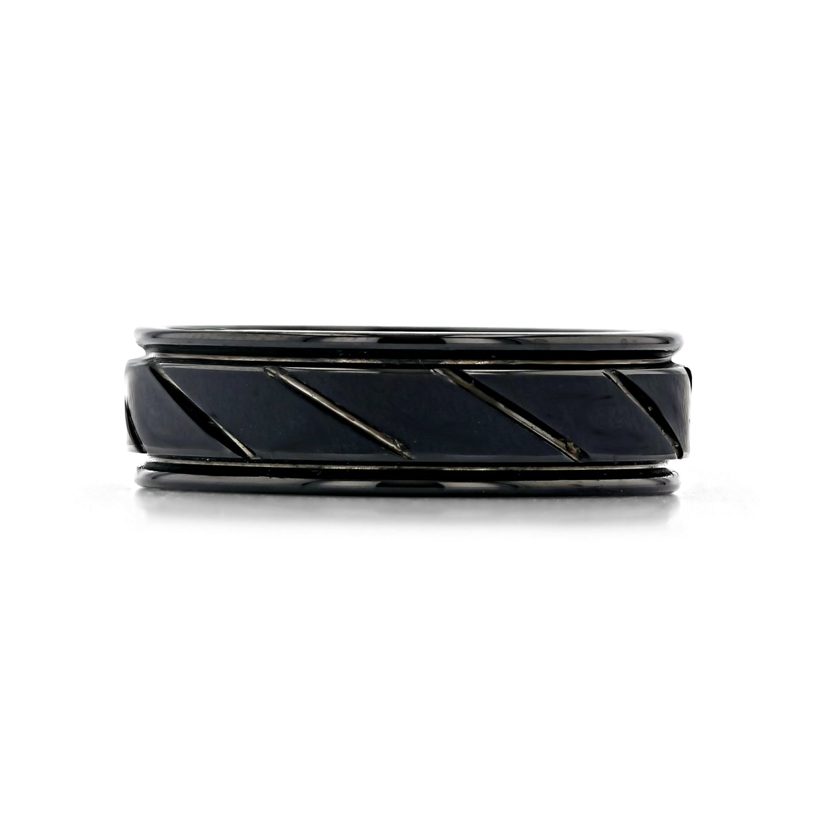 Triton Black Tungsten Carbide 7mm Men’s Wedding Band | FG392 featuring a black tungsten carbide finish, a 7mm width, and a center channel with diagonal grooved accents.