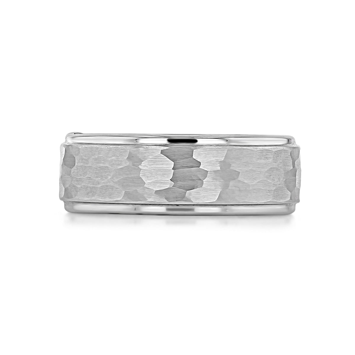 Triton White Tungsten Carbide 8mm Men’s Hammered Wedding Band | FG399, featuring a white tungsten carbide band with a hammered texture and polished edges.