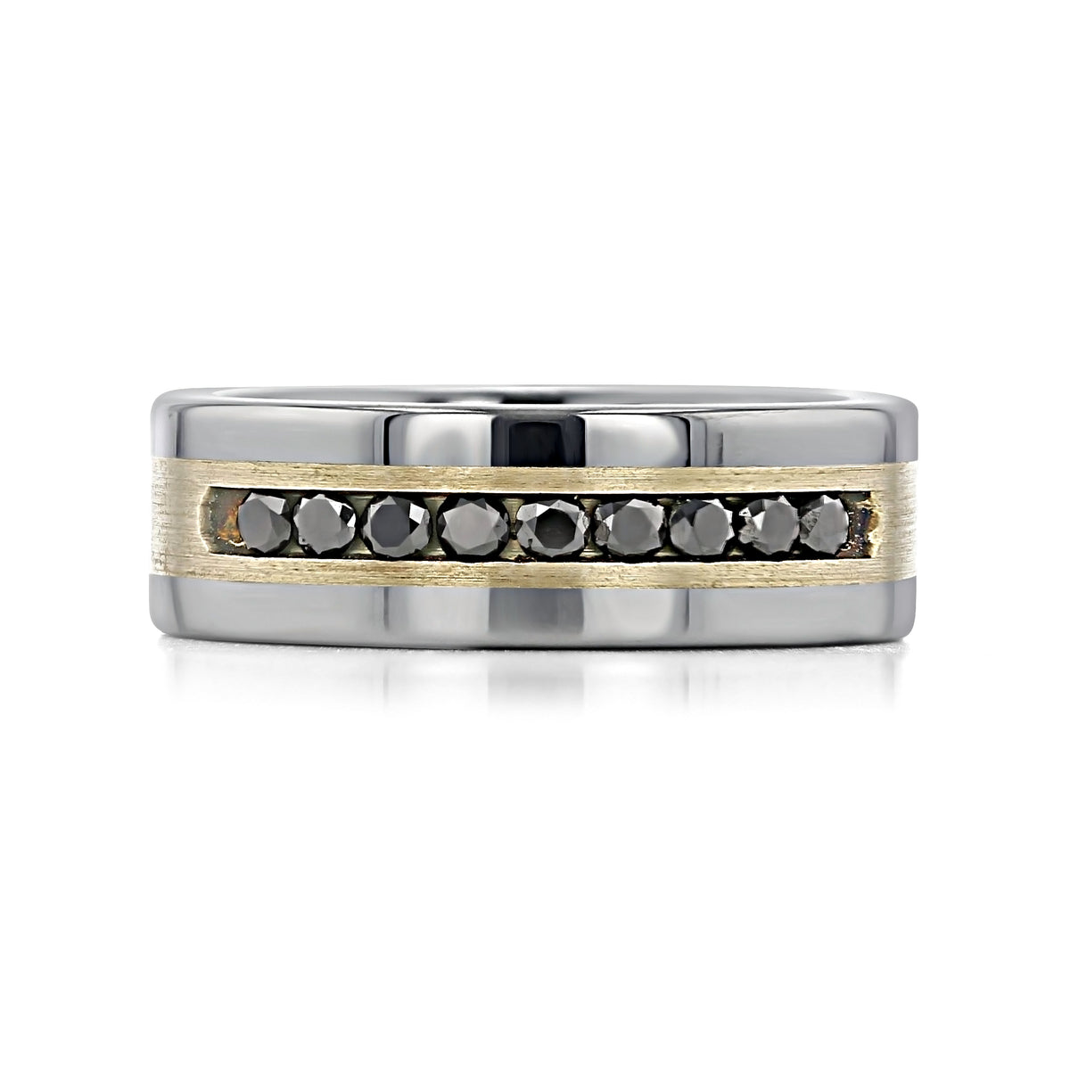 Triton Tungsten Carbide 8mm Men’s Black Diamond Wedding Band | FG483 featuring a two-tone design with ten black diamond stones set in a central brushed gold channel.