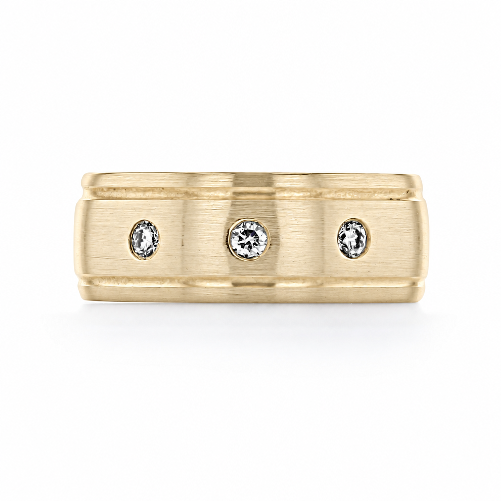 Icing On The Ring Diamond Wedding Band | FG544: a men’s yellow gold wedding band with a brushed finish and three flush-set round diamonds in a horizontal row.