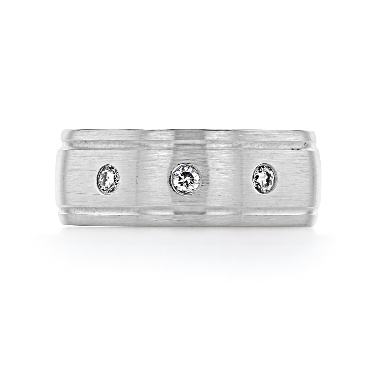Diamond Wedding Band | FG544 brushed platinum wedding band featuring three flush-set round diamonds in a row.