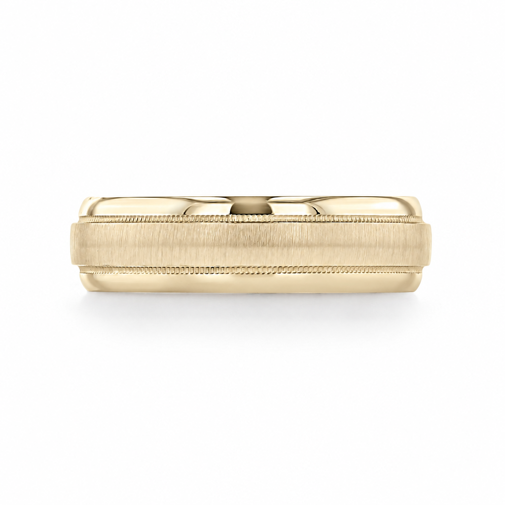 Milgrain Wedding Band | FG554 yellow gold men’s wedding band with a brushed center finish and milgrain engravings along the borders.