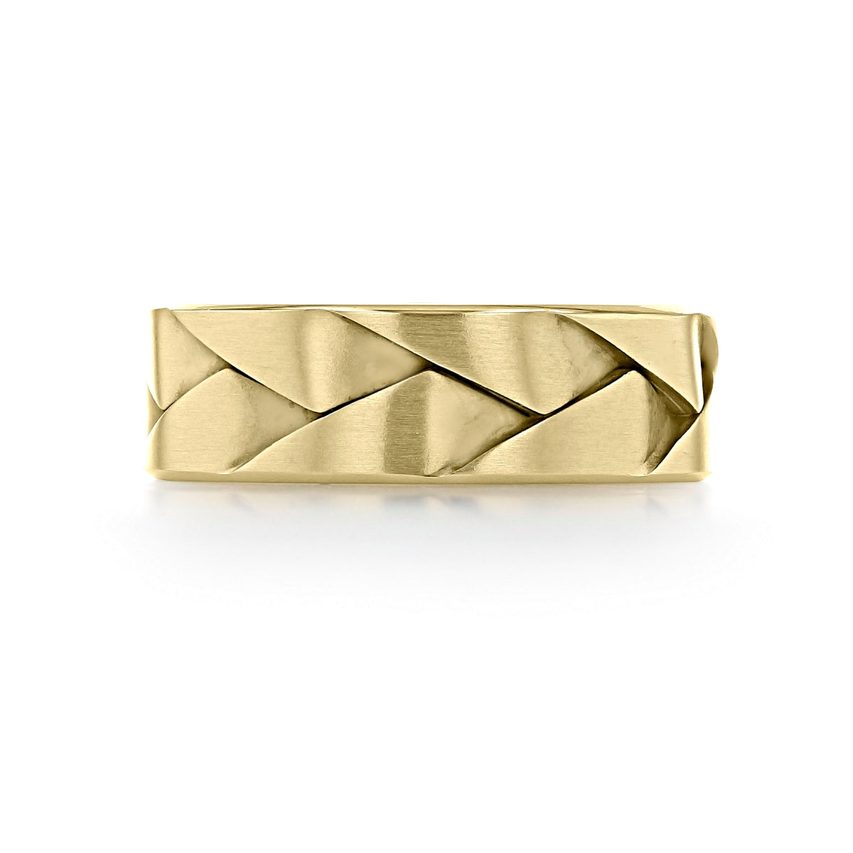 Artcarved Woven Wedding Band | FG560: a yellow gold men’s wedding band featuring a woven, overlapping triangular pattern.