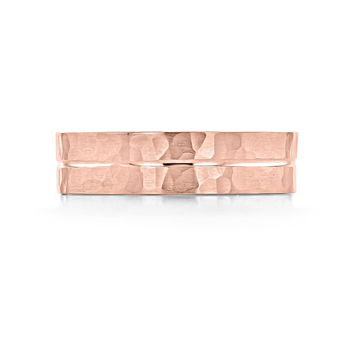 Artcarved Hammered Wedding Band | FG561 in rose gold featuring a hammered texture and a horizontal groove around the center.
