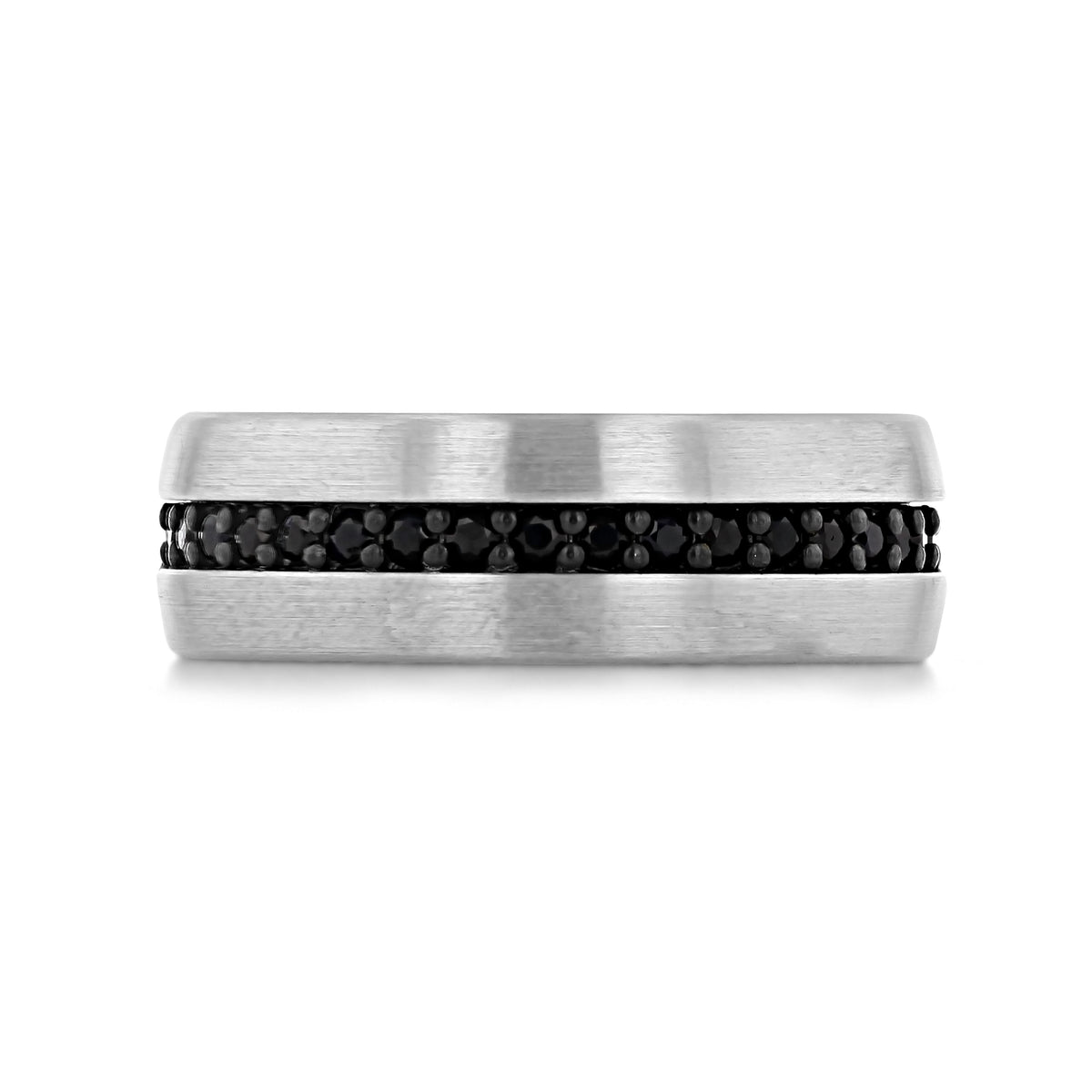 Triton Tungsten Carbide 8mm Men’s Black Sapphires Wedding Band | FG567 featuring a wide, brushed-design tungsten carbide band with a central channel of small black stones.