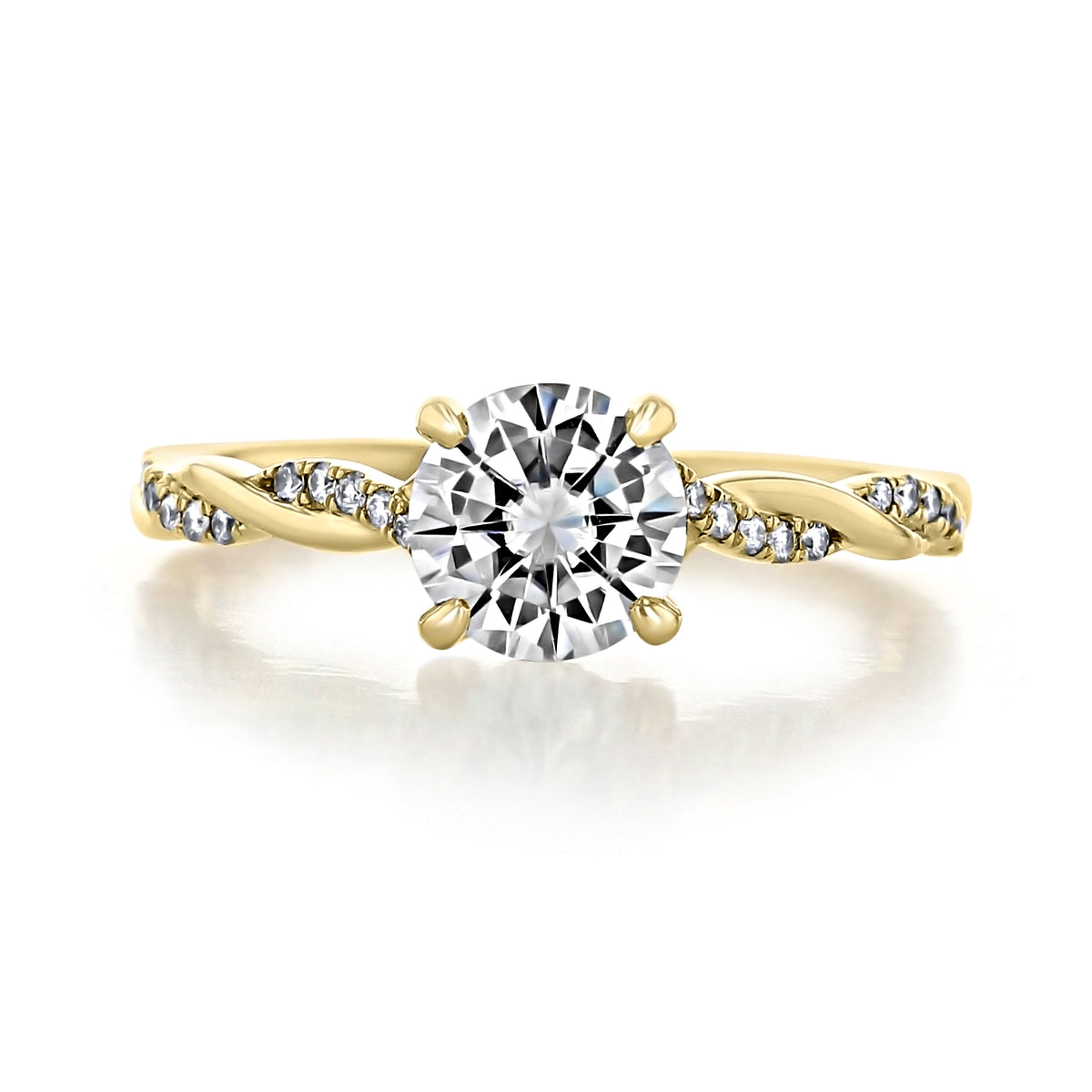 Venice | Round Twist Engagement Ring in gold featuring a round center diamond and a twisted band accented with diamond-studded micro-prong settings.