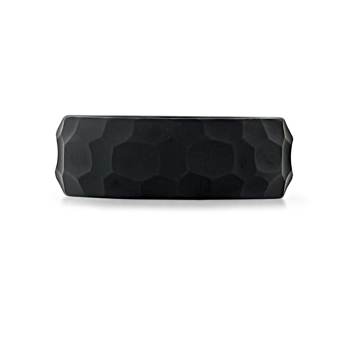 Black Tungsten Carbide 8mm Men’s Hammered Wedding Band | FG61 with a hammered finish and beveled edges.
