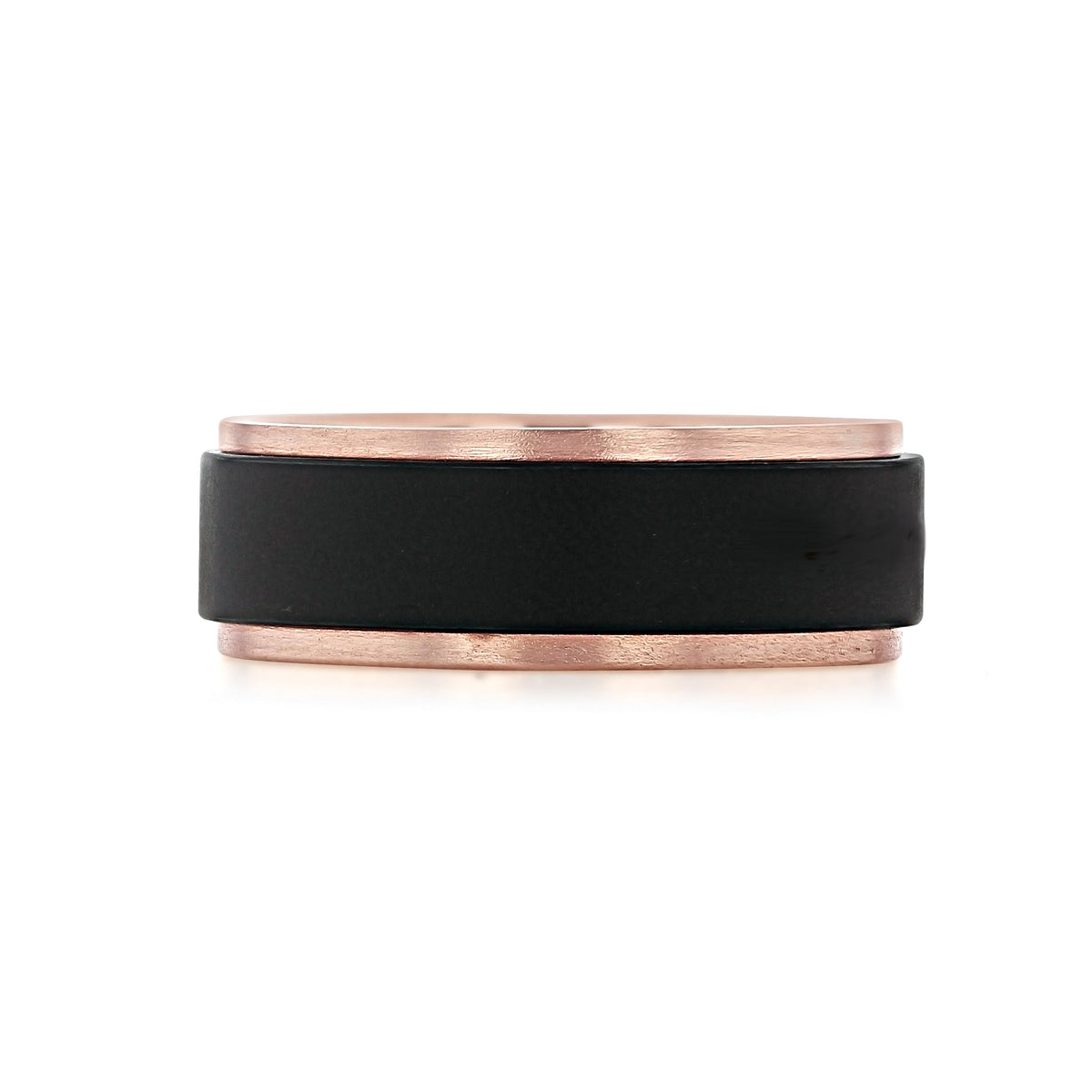 Triton Black Tungsten Carbide 8mm Men’s Rose Gold Edge Wedding Band (FG64BR) featuring a black matte finish and polished rose gold edges.