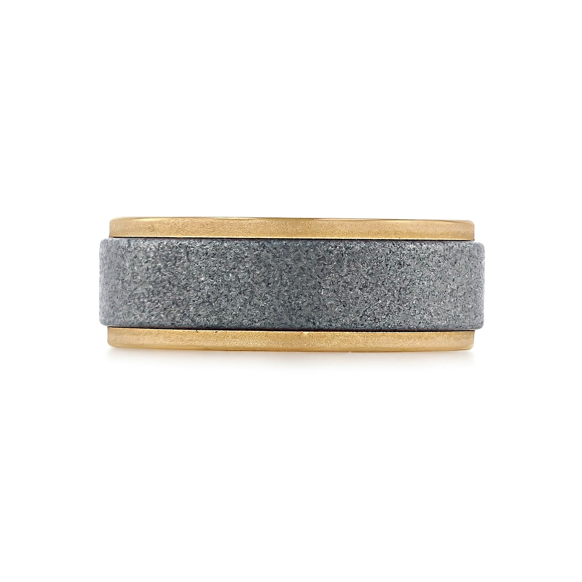 Triton Tungsten Carbide 8mm Men’s Sandblasted & Yellow Gold Wedding Band | FG64 featuring a wide tungsten carbide band with a sandblasted gray center and gold edges.