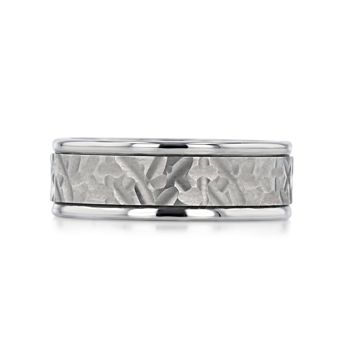 Triton Tungsten Carbide 8mm Men’s White Gold Hammered Center Wedding Band (FG80) featuring a silver-toned textured center and smooth polished edges.