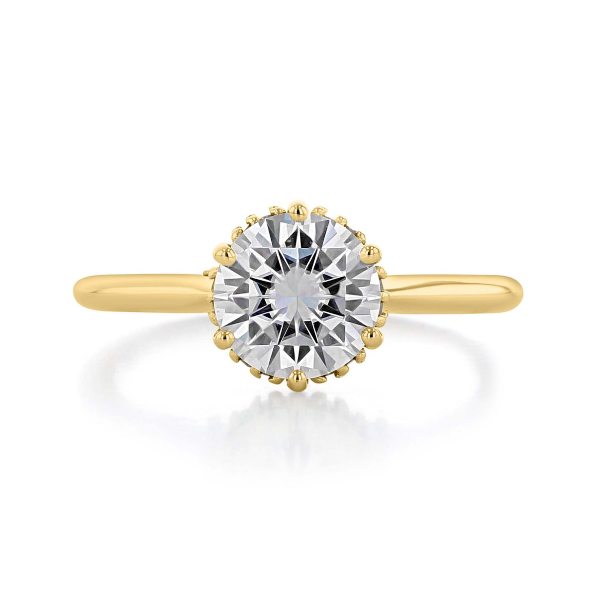 Waverly | Round 6-Prong Solitaire Engagement Ring featuring a round solitaire diamond, hidden halo, and six-prong setting on a plain yellow gold band.