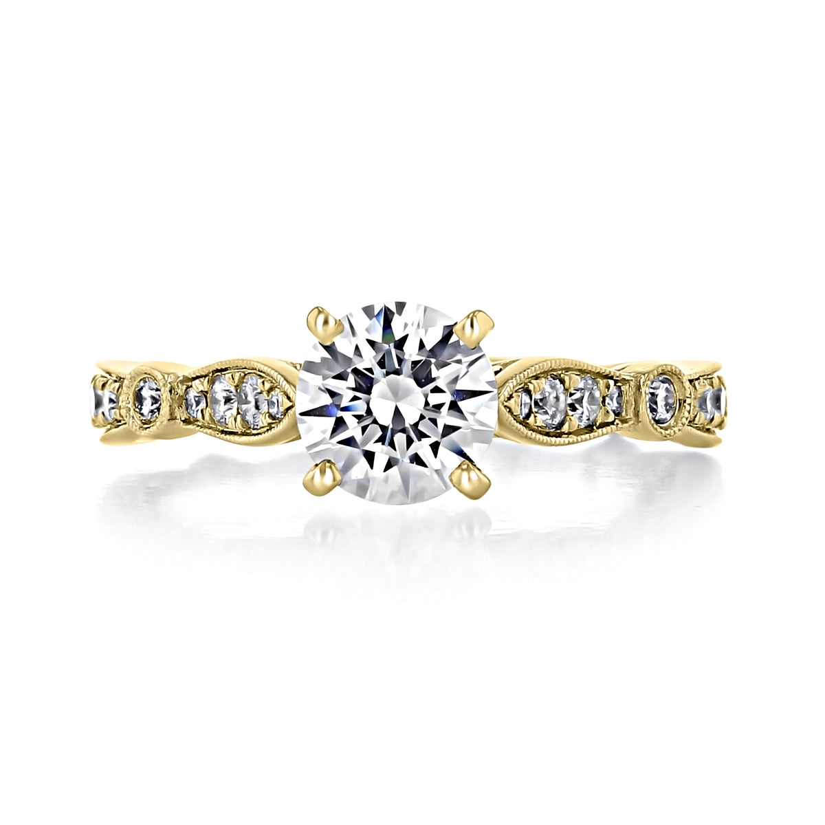 Mabel | Art Deco Engagement Ring by Gabriel & Co. featuring a round diamond center flanked by smaller round stones set along a vintage-style gold band.