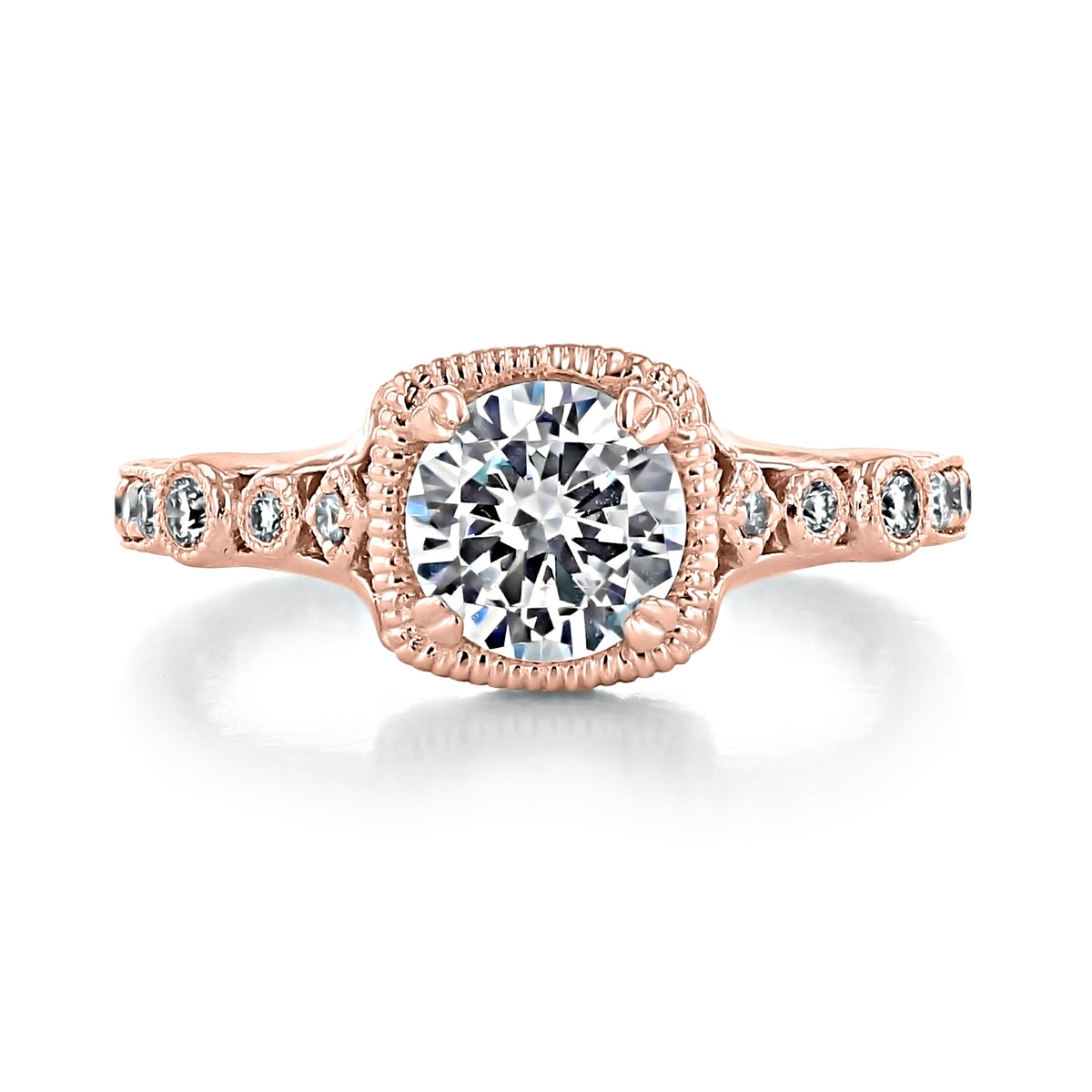 Victoria Round Engraved Pave Engagement Ring by Gabriel & Co. featuring a round brilliant-cut diamond in a milgrain-textured square halo with a diamond-accented band.