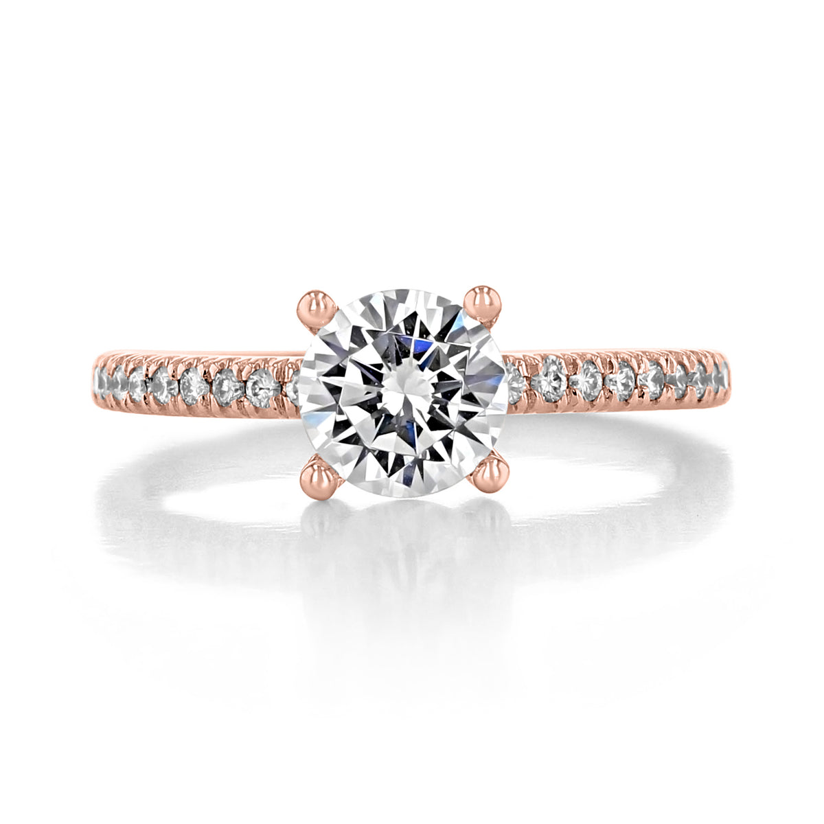 Amira | Micro-Prong Engagement Ring by Gabriel & Co. featuring a round center diamond solitaire set on a rose gold band accented with micro-prong diamonds.