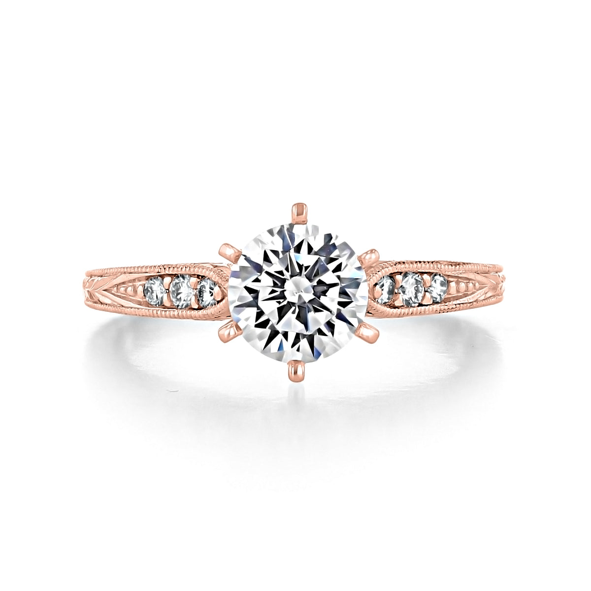Kate | Pavé Set Engagement Ring by Gabriel & Co. featuring a round center stone, pavé set diamonds, and detailed milgrain borders in rose gold.