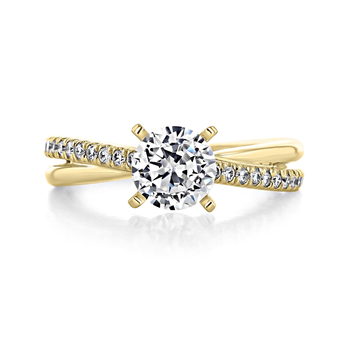 Gold Morgan | Micro-Prong Engagement Ring by Gabriel & Co. with a round center stone and a pavé-set diamond twist band.
