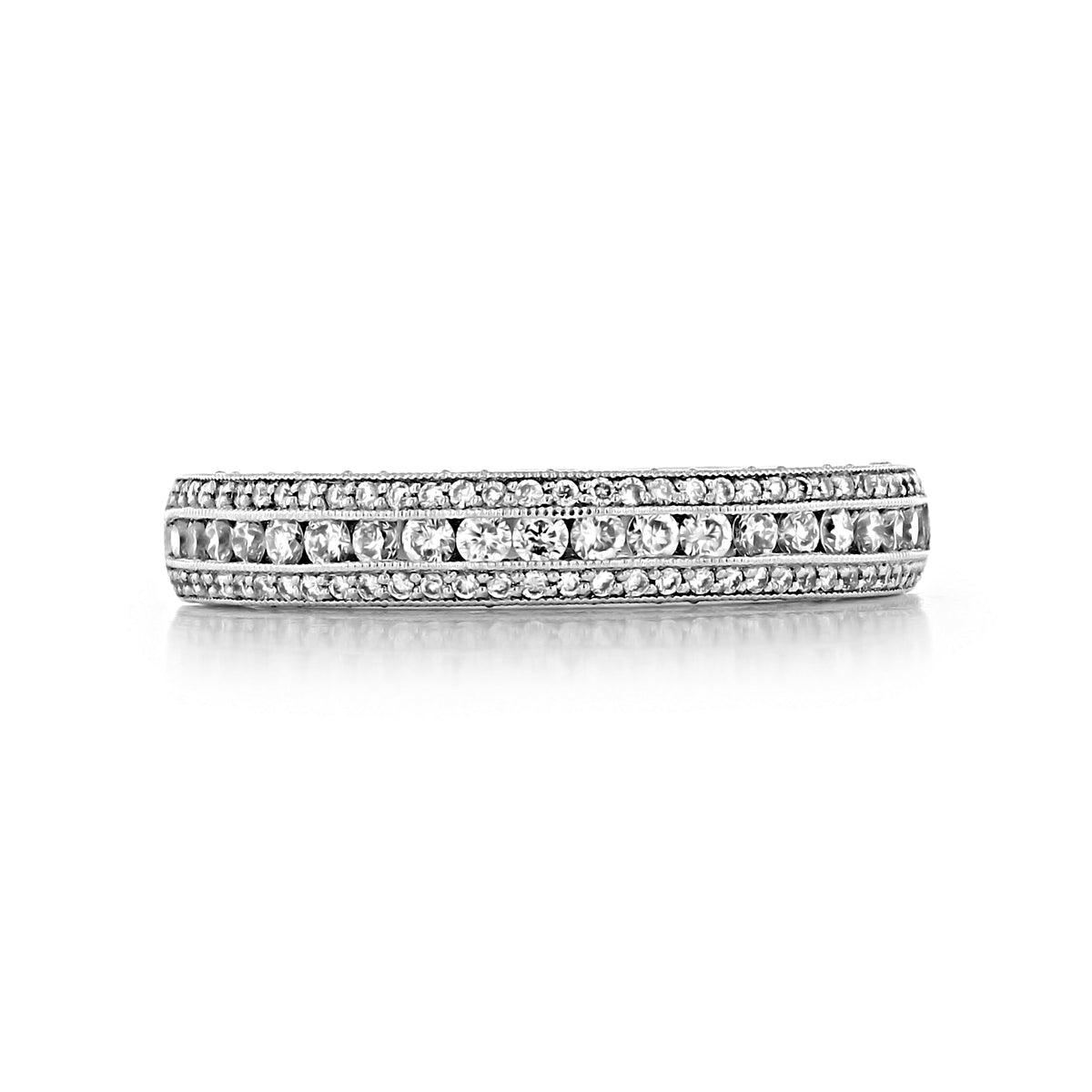 Tacori Classic Crescent | Diamond Band - HT2513RDB12XW in silver-toned white gold, featuring a center row of larger round diamonds bordered by two rows of pavé set diamonds.