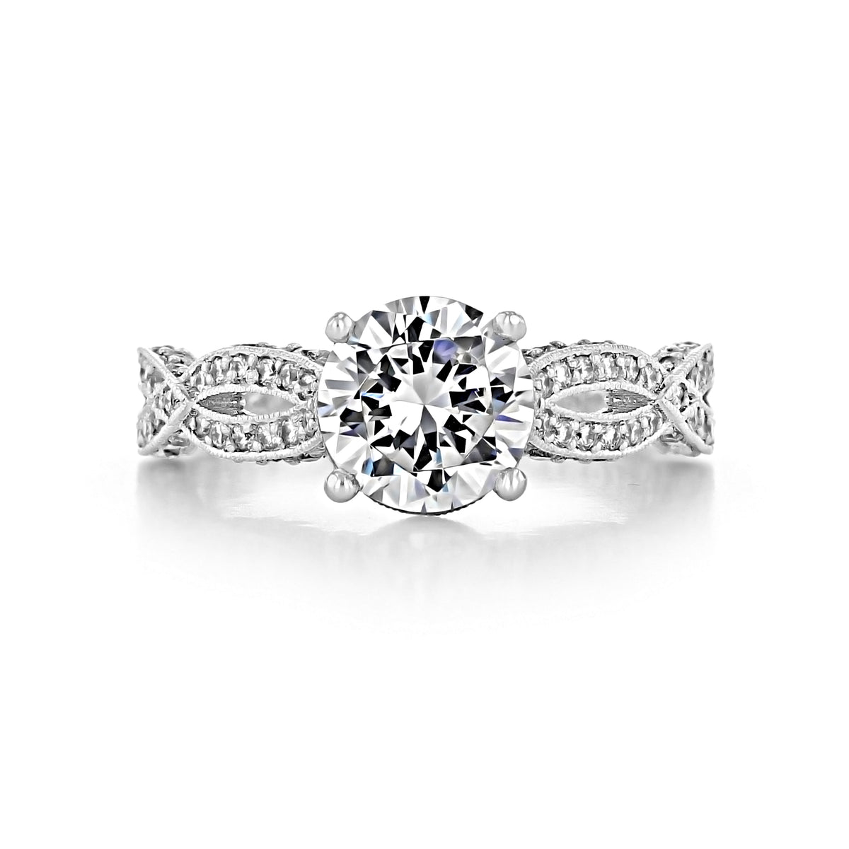 Tacori Ribbon | Round Solitaire Engagement Ring - HT2528RD75, featuring a round-cut solitaire diamond on a pavé-set band with an interwoven ribbon design.