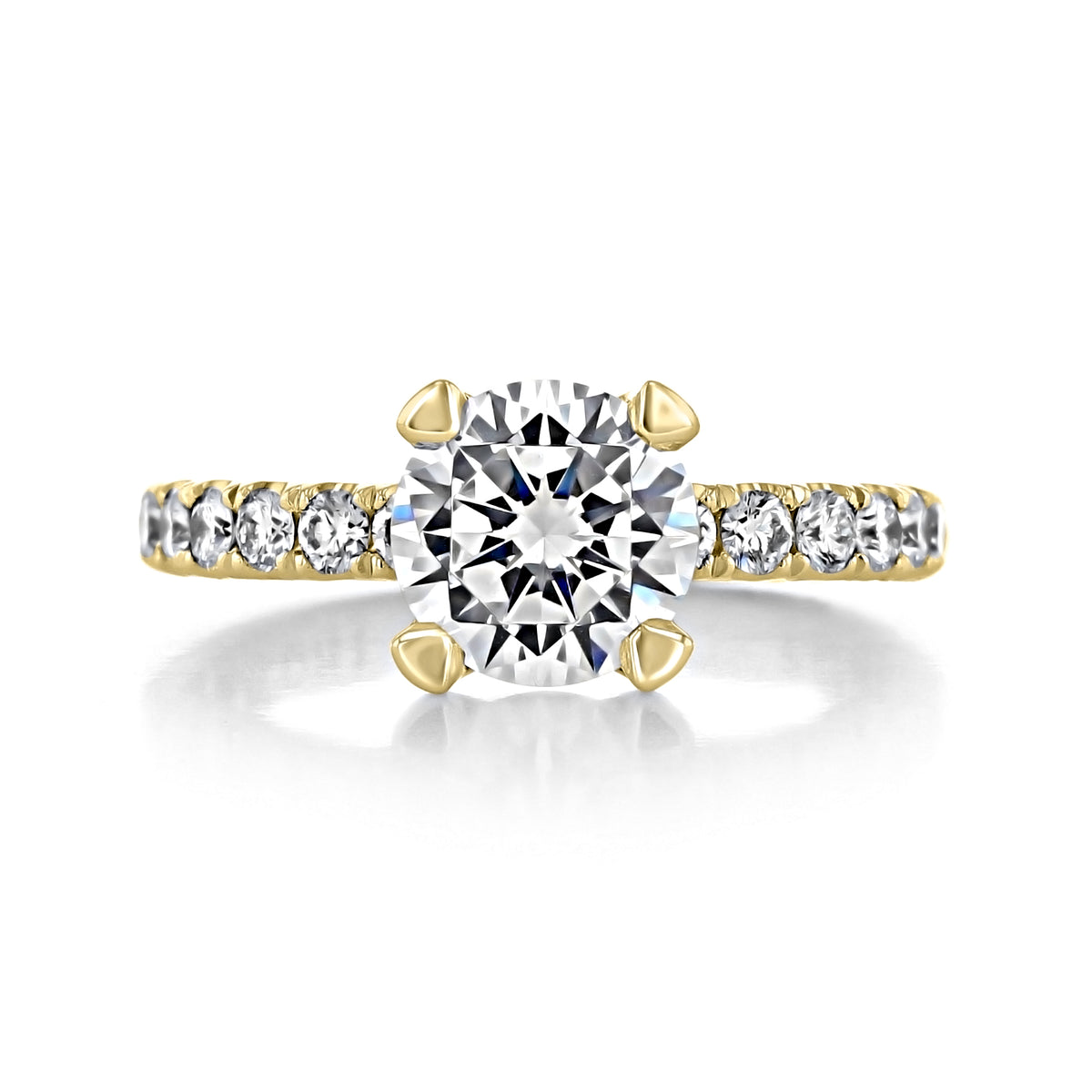 Tacori Petite Crescent HT254525RD8Y engagement ring featuring a round solitaire diamond on a gold band with pavé-set diamonds.